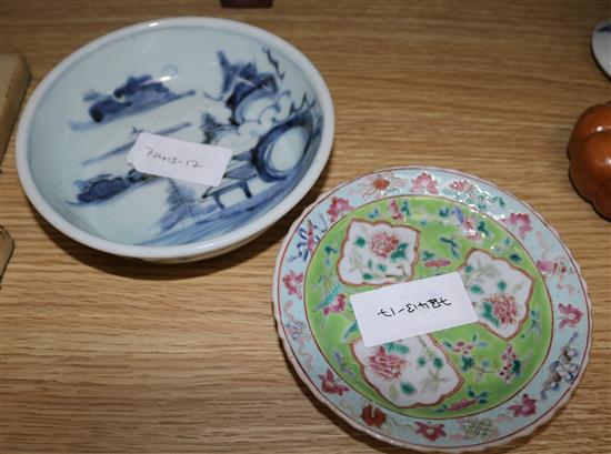 Two Chinese vases, three dishes, a hardwood figure and a stand